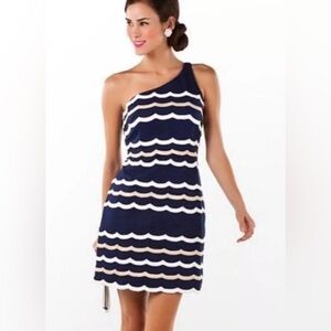 Lilly Pulitzer Womens  Navy Tylar Scallopy Stripey One Shoulder Dress Size 14